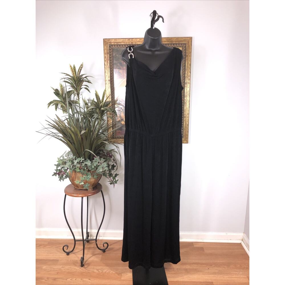 Chico’s Travelers 2P Black Sleeveless Wide Leg Jumpsuit Drape Neck‎ Rhinestone